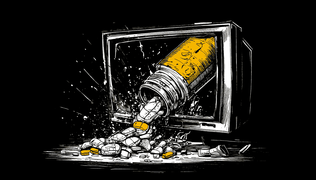 Sketch of a CRT monitor with pills spilling out of it